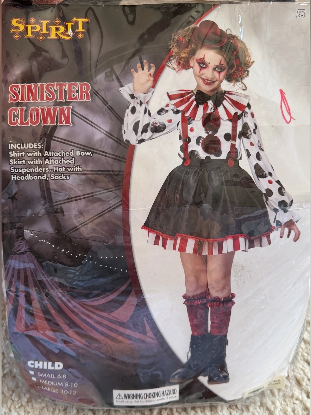 Spirit Halloween Sinister Clown Girls Costume Size L Creepy Clown Complete Set